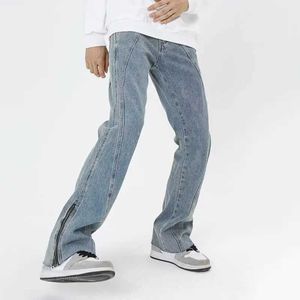 ans 2023 Y2K Fashion Ankle Zipper Washed Blue Baggy Flare Jeans Pants For Men Clothing Straight Hip Hop Denim Trousers Ropa Hombre J240507