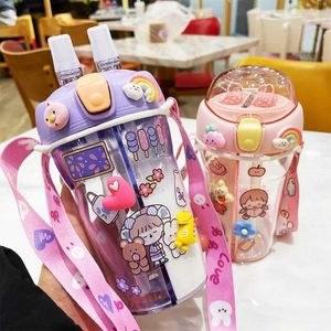 Cups Dishes Utensils 30ml Cute Childrens Double layered Drinking Bottle Portable Straw Bottle Student Couple Plastic Cup Gift School ChildrenL2405