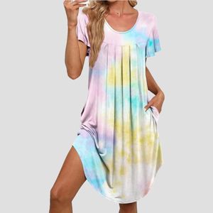 Casual Dresses Fashion Summer 2024 Printed Women's Round Neck Short Sleeve Pleated Draped Loose Pajamas Home