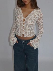 Women's T Shirts Women S V Neck Lace Crochet Boho Tops Tunic Long Sleeve Sheer Slim Fitted Floral Casual Blouse