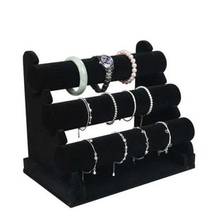 Jewelry Stand 3-layer black velvet jewelry chain bracelet holder T-bar organizer hard display rack Q240506