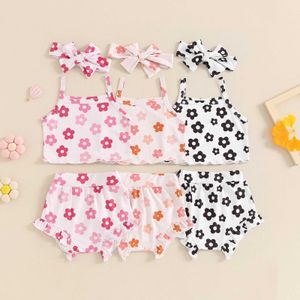 Наборы одежды Baby Summer Kide Clothing Girls Piece наряды с цветочным принтом рукавицы Camisole и упругие шорты с рюшами набор повязки H240507