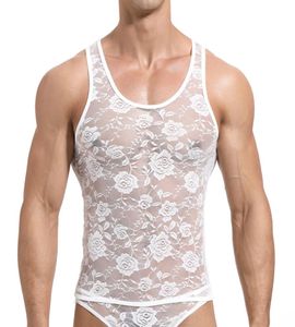 Sexy Lace Mens Tank Tops Transparent Mesh Singlet Shirts