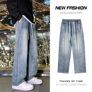 Jeans masculinos Novos homens Spring Baggy Jeans Trend Ins Letre a cintura elástica solta Casualstrtwear de tamanho grande as calças de pernas largas masculino y240507