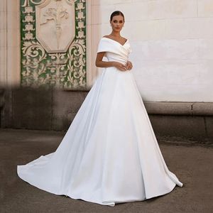 Elegante abito da sposa 2024 fuori dalla spalla Abiti da sposa a-line satinici per un treno formale a V-Neck Sweep Vestidos de nolia