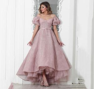 Sexy Deep High Low Ball Gown Evening Dresses V Neck Backless Short Sleeves Lace With Bow Sash Evening Patty Gown5367974