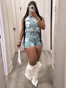 Women's Tracksuits High Street Denim Shorts Outfit Set Sexy Women Elegant Two Pieces Jeans Club Matching Top