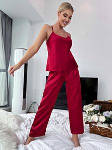 Kobiet Sleep Lounge Solidny satynowy piżama zestaw Criss Cross Back Cami Top Elastyczne Paliw Spodnie Women Falwear Salwear