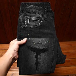 Black European Distred Jeans Mens Trendy Patch Splashed Ink Korean Version Personalized Casual Elastic Slim Fit Pants Long