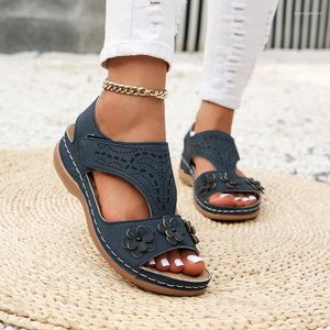 Casual Shoes for Women 2024 Open Toe Women's Sandals Summer Roman Cutout The Flowers Ladies Solid Wedge Flat