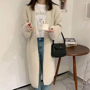 Women's Knits Solid Sweater Knitted Cardigans For Women Loose Casual Vintage Oversized Korean Style V-neck Mid-Length Long Sleeved Tops