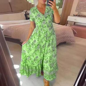 Casual Dresses Summer Big Swing Dress Floral Printed Print V Neck Maxi With Ruffle Edge High midja A-Line för dejting