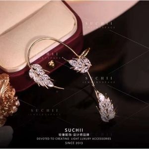 Korean version new diamond inlaid trendy leaf feather zircon stone women's hole free ear bone clip earrings, small fairy standard configuration