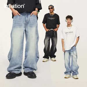 INFLATION Brand Baggy Wide Leg Boyfriend Jeans Unisex Vintage Washed Blue Denim Trousers Male Pants Plus Size 240430