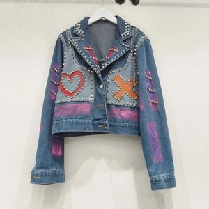 Kvinnorjackor Kvinnor Handmålade graffiti Diamanter pärlstav denimjacka Löst nitar Jeans Coat Stäng ner krage cowboy cardigan