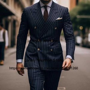 Men's Suits Blazers Navy blue striped mens double breasted business jacket wedding groom evening dress 2-piece set daily pants Terno Masculino Q240507