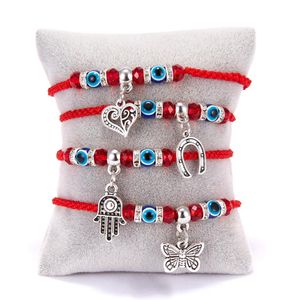 2020 Fashion Red String Blue Turkish Evil Eye Bead Armband tråd Hamsa Horseshoe Heart Fjäril Dingle Charms Braid smycken9729062