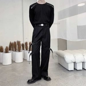 Men's Pants 2022 Autumn Korean Style Unique Adjustable Belt Mens Casual Loose Black Pants Trousera Size M-XL J240507