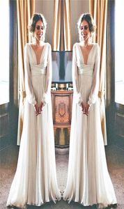 Greek Goddess Style Wedding Dress Long Sleeve Deep V Neck Flowing Chiffon Floor Length Graceful Bridal Gowns Vestidos de Noiva Cus9372378