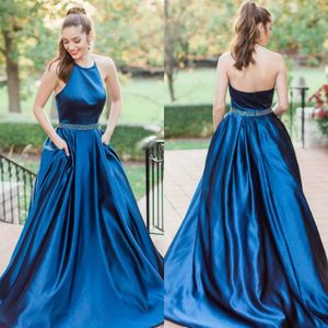 A Line Neck Elastic Charming Prom Halter Backless Satin Evening Dresses With Pockets Beading Sash Formal Party Gowns