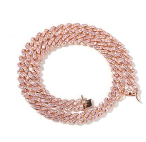 9mm Eisteout Frauen Ketten Choker Halskette Roségold Metall Cuban Link voll mit rosa kubischen Zirkonia -Steinen Kette Juwely6799802