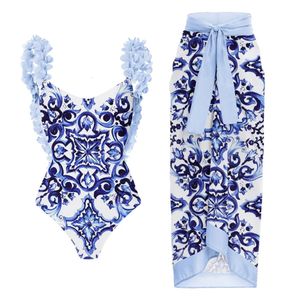 Retro One Piece Swimsuit Backless Applique Blue and White Porslin Tryckt Pwimsuit Suit Women 240429