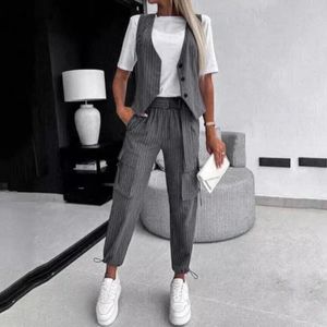 Women's Two Piece Pants Women Workwear Suit Elegant Vest Set With V Neck Sleeveless Waistcoat High Waist Drawstring Trousers For Commute