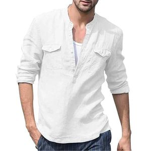 Polos masculinos 2023 Novo outono/inverno colarinho de linho de linho de algodão masculino de mangas compridas roupas masculas camisa de linho de algodão