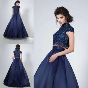Collar Prom Pieces Navy Dress High Dark Two Embroidery Sequins Beaded Covered Button Long Evening Dresses es