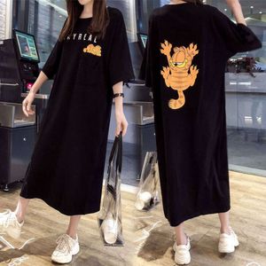 Maternity Cotton Korean Style Plus Size Cute Cartoon Hot Mother Casual Solid Color Mid-length Short Sleeve Loose Pregnant Dress