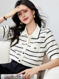 Malhas femininas 2024 Primavera listrada de malha Cardigan Sweater Women Women Short Sleeve Breastted Tops Jumpers Fashion CHIC Outwear