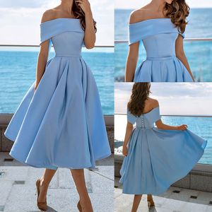 2024 A-Line Prom Dresses Off-the-Shoulder Short Sleeve Lace-up Tea-Length Pick-ups New Arrivals Celebrity Evening Dresses Plus Size Custom Made B5003