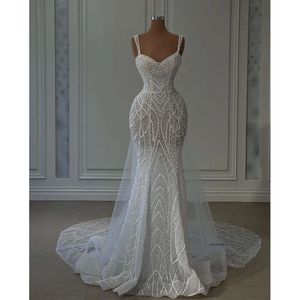 Sexy Mermaid Prom Dresses Sleeveless V Neck Straps Appliques Sequins Beaded Floor Length 3D Lace Hollow Pearls Evening Dress Bridal Gowns Plus Size Custom Made