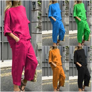 ملابس من الكتان القطن للسيدات أزياء O-neck Top Long Pant Suit Women Sugal Short Sleeve Pocket Solid 2pc مجموعات 2405072