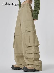 Dżinsy damskie cuteandpsycho grunge y2k workowane cargos duże kieszenie elastyczne wysoką talię Khaki Khaki moda luźne spodnie joggery streetwear