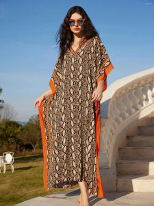 Summer Boho Snake Printed Beachwear Bikini Cover-Ups V Neck Batwing Sleeve Plus Size Kaftan Women 2024 Holiday Beach Dress Q1615