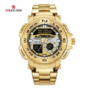 Mizums Military Wrist Watches LED Digital Sport Watch Men Gold Rostfritt Steel Band Dual Time Quartz Clock Man Waterproof Relogio 3997775