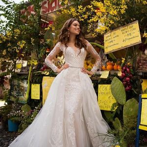 Abiti da sposa alla sirena in pizzo chic con maniche lunghe di treno staccabili illusione di abiti da sposa sexy 2024 Boho Beach Robe de Mariee