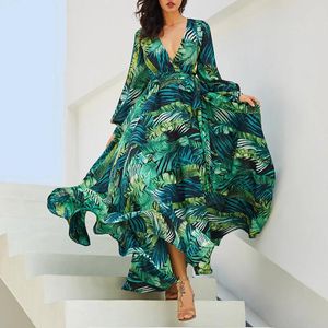 Casual Dresses Women's Summer Print Swing Dress Elegant Deep V-neck Green Floral Printed Bohemian Style Lace-up Maxi Long Sundress