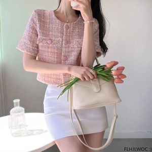 Chic Korea Short Crop Coats Design Women Japan Girls Office Lady Pink Button Sleeve Jackets 240430