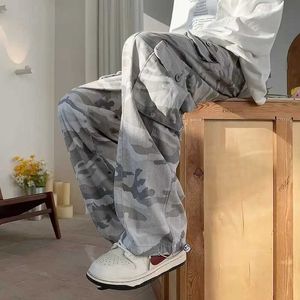 Men's Pants Mens casual pants gray camouflage tool mens summer American street hip-hop style wide leg straight J240507