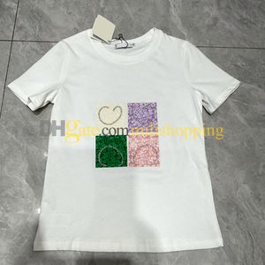 Summer Flower T shirt for Women Clothing Letter Beaded O-Neck Short-Sleeve T-shirt Femme Loose Casual Crop Top Asian Size