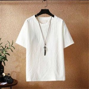 メンズポロスメンズサマートレンドレトロピュアコットンリネン半袖Tシャツメンズシンプルカジュアルラウンドネックルース通気性Tシャツ2405