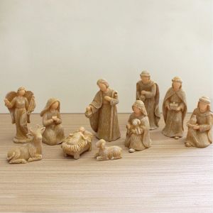 Sculptures 10pcs Christ Nativity Statue Scene Baby Jesus Manger Figurines Resin Crafts Miniatures Religious Ornament Church Gift Christmas