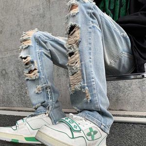 Men's Jeans High Strt Fashion Brand Personalized Perforated Hole Jeans Denim Mens Fashion Straight Regular Fit Pant Hem Zipper Hip Hop Y240507