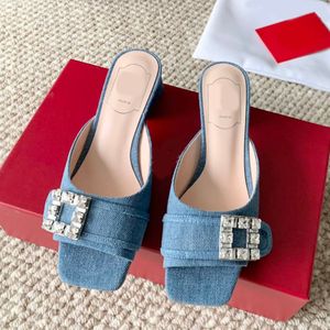 Quadratische Kristallschnalle Maultier Frauen Designer Sandalen Blau Denim Mules Rutschpantoffeln 4,5 cm