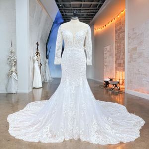 Hyr Lnyer Long Sleeve Pearls Up Back Beading Sequins Applices Lace Elegant Mermaid Wedding Dress Vestido de Novia Sirena