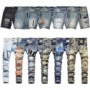 디자이너 Mens Amris Jeans 반바지 미국 크기의 자수 바지 스키니 청바지 트렌드 코튼 힙합 ​​바이커 오토바이 Ture 청바지를 위해 찢어진 남자.