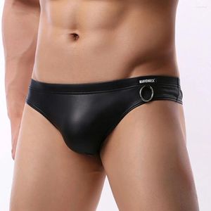 Underpants Men Black Faux Leather Underwear Sexy Mini Briefs Male Elastic Gay Metal Ring Decoration Lingerie Knickers Pant