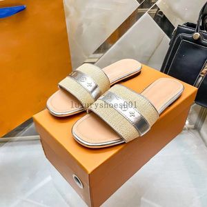 24Ss Frauen Pantoffeln Sandalen Lock It Flat Mule Canvas Gold Circle Outdoor Slipper Sommerdesigner Luxus Fashion Ladies Beach Pool Slides Sandal 5.7 05